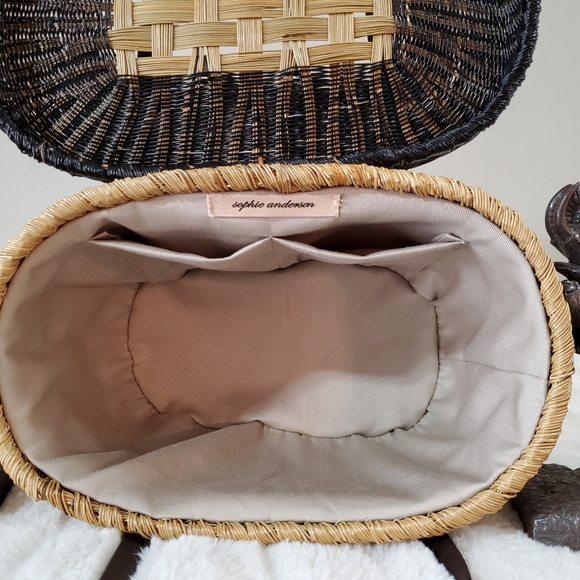 SOPHIE ANDERSON STRAW PURSE HANDBAG BLACK TAN BROWN LEATHER 2 STRAPS NWOT MEDIUM - Picture 3 of 14